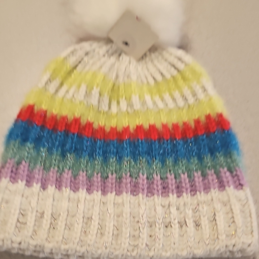 SO Multicolor Striped Kids Or Womens  Beanie with Pom Pom. New With Tags‎